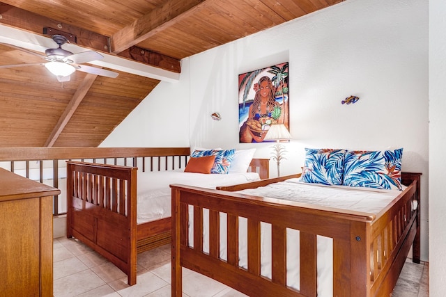 tiled bedroom featuring wood ceiling and vaulted ceiling with beams