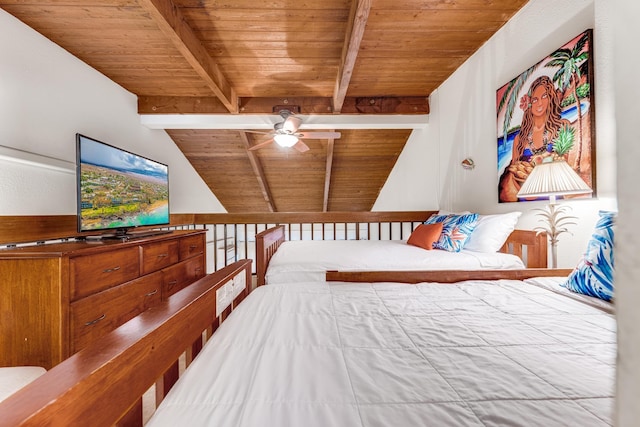 bedroom with lofted ceiling with beams and wooden ceiling