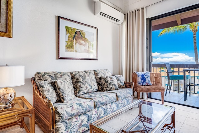 living area with tile patterned floors and a wall mounted air conditioner