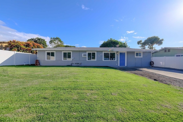 view of front of home featuring fence, a front lawn, and stucco siding