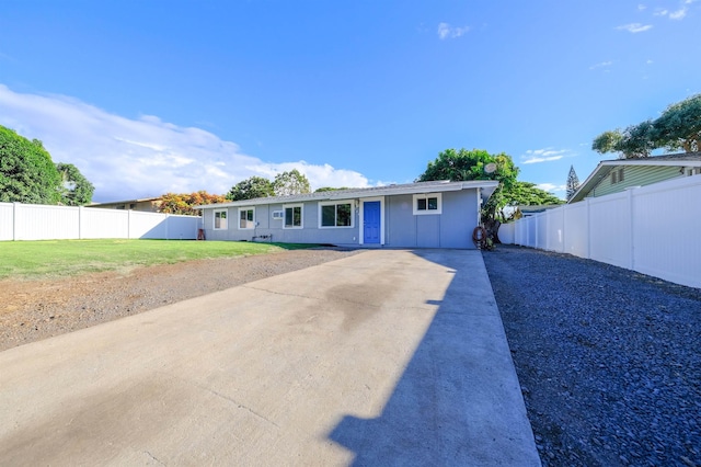 single story home with a fenced backyard and a front yard