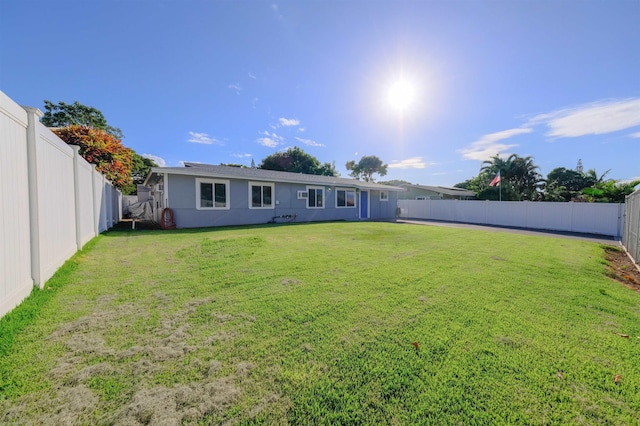 back of house featuring a fenced backyard, a lawn, and stucco siding