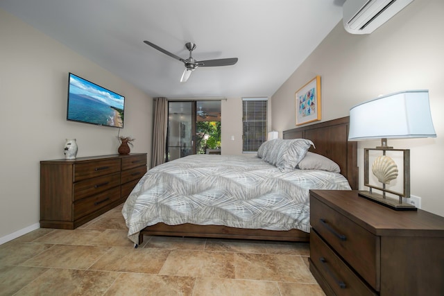 bedroom featuring a wall unit AC and ceiling fan