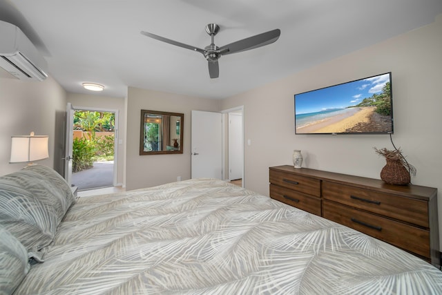 bedroom featuring an AC wall unit, ceiling fan, and access to outside