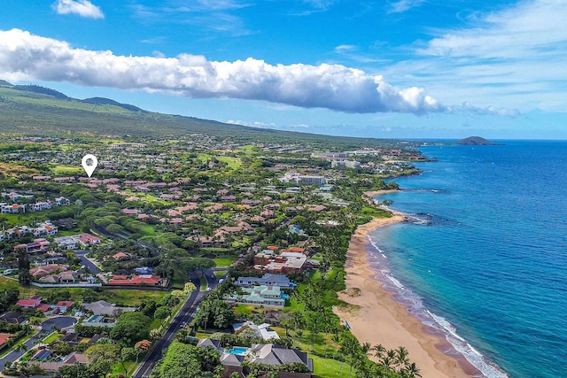 bird's eye view with a view of the beach and a water view