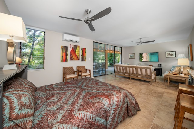 tiled bedroom with access to outside, ceiling fan, expansive windows, and a wall unit AC