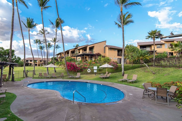 view of pool with a yard and a patio area