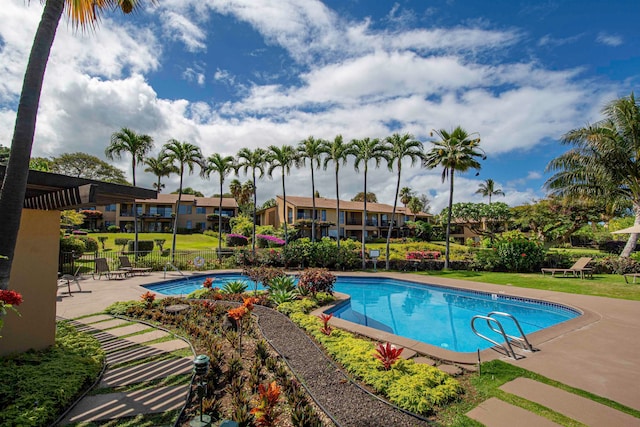 view of swimming pool featuring a pergola, a patio area, and a yard