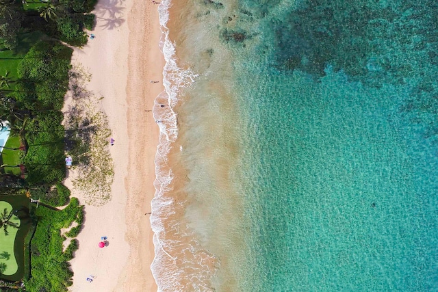 aerial view featuring a water view and a beach view