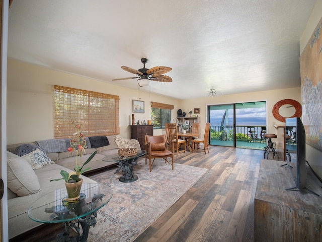 living room featuring hardwood / wood-style floors and ceiling fan