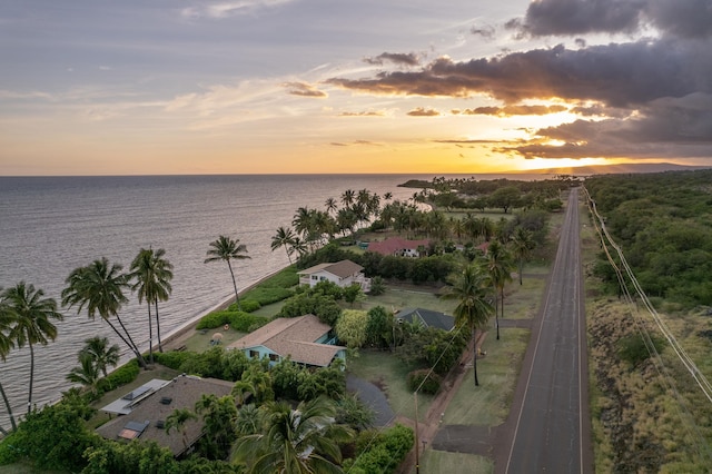 aerial view at dusk featuring a water view