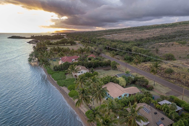 aerial view at dusk with a water view