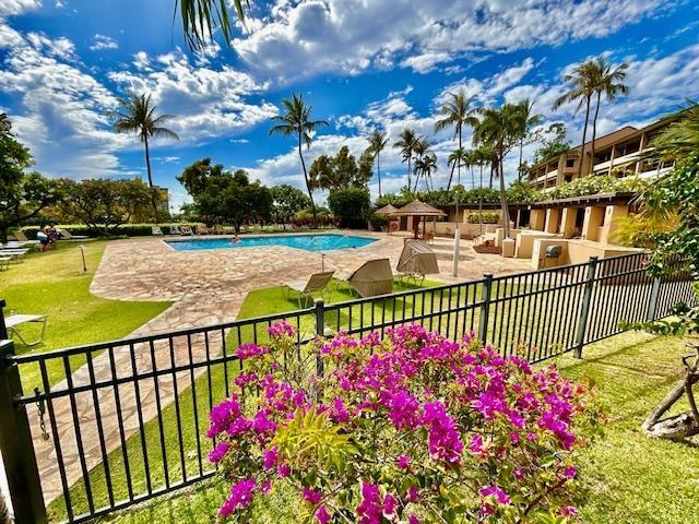 view of pool with a lawn, a patio area, and a gazebo