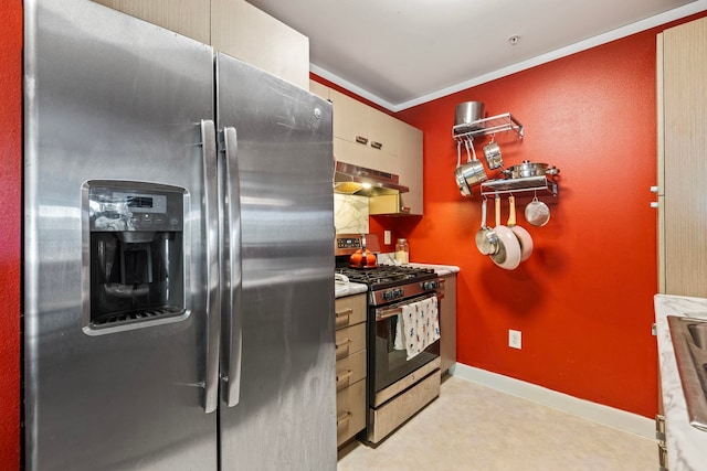 kitchen featuring exhaust hood, light colored carpet, ornamental molding, and stainless steel appliances