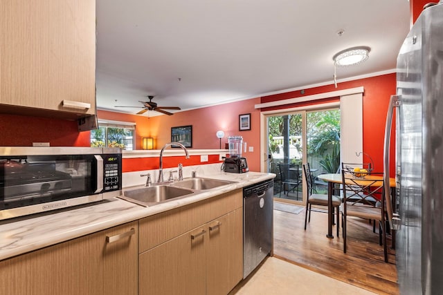 kitchen with sink, ceiling fan, crown molding, light wood-type flooring, and appliances with stainless steel finishes