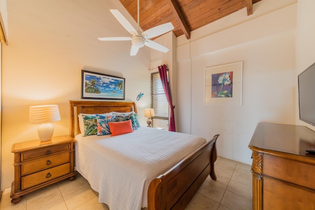 bedroom with vaulted ceiling with beams, wood ceiling, light tile patterned floors, and ceiling fan