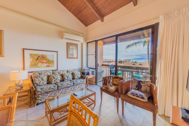 tiled living room with vaulted ceiling with beams, a wall unit AC, and wood ceiling