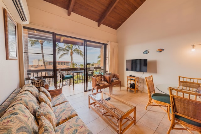 tiled living room featuring beamed ceiling, high vaulted ceiling, an AC wall unit, and wooden ceiling