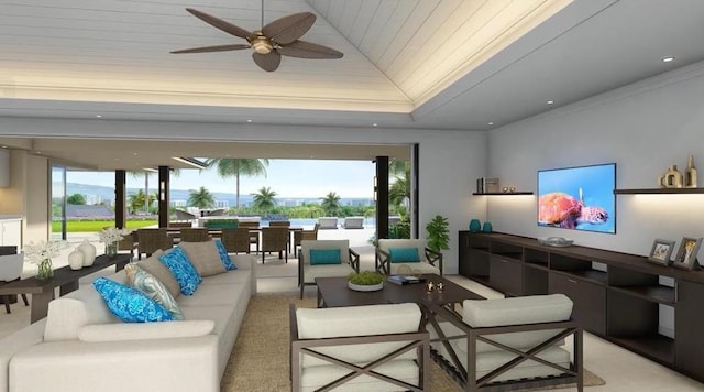 living room featuring ceiling fan, wood ceiling, vaulted ceiling, and a wealth of natural light