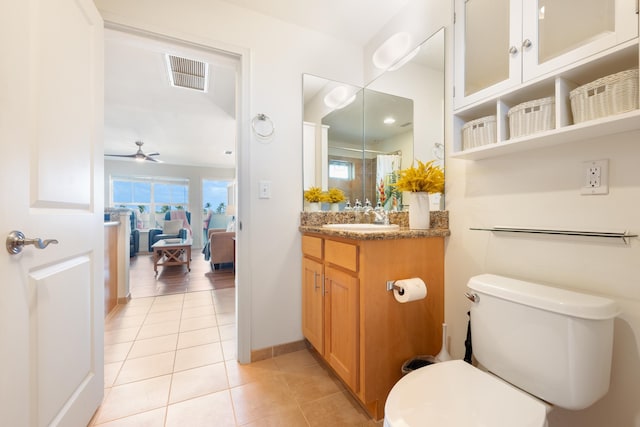 bathroom with tile patterned floors, ceiling fan, vanity, and toilet