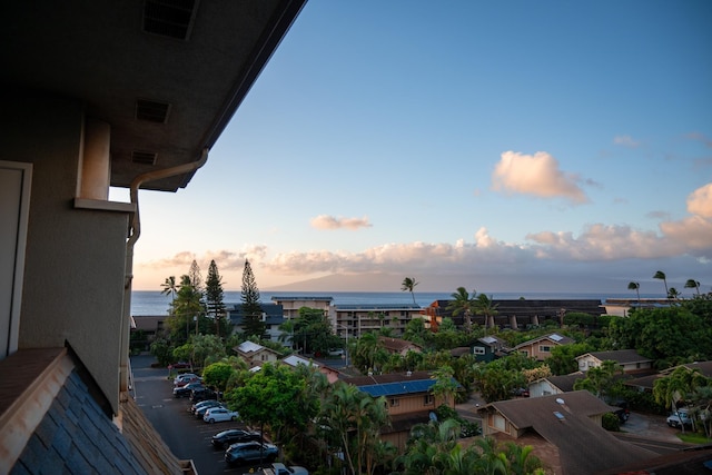 exterior space with a water view