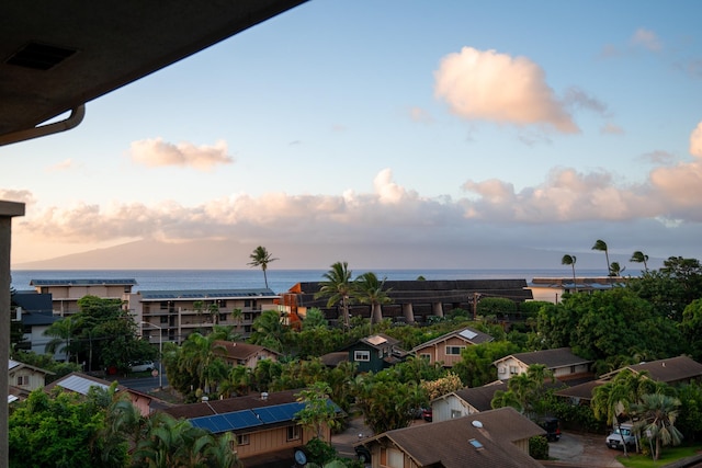 aerial view at dusk featuring a water view