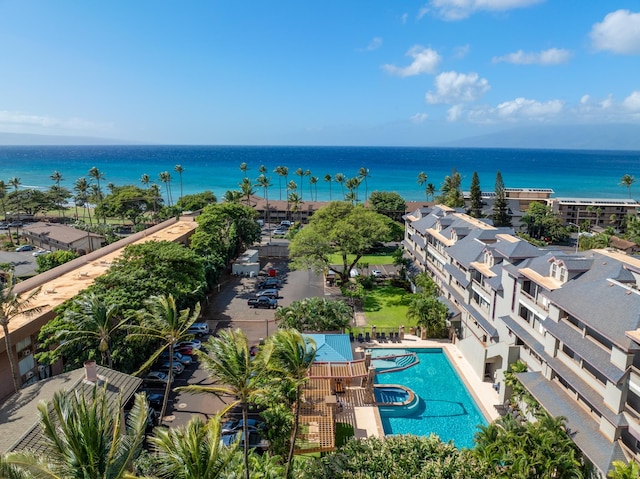 drone / aerial view with a water view