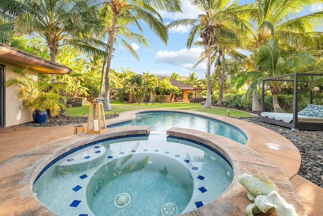 view of pool featuring an in ground hot tub