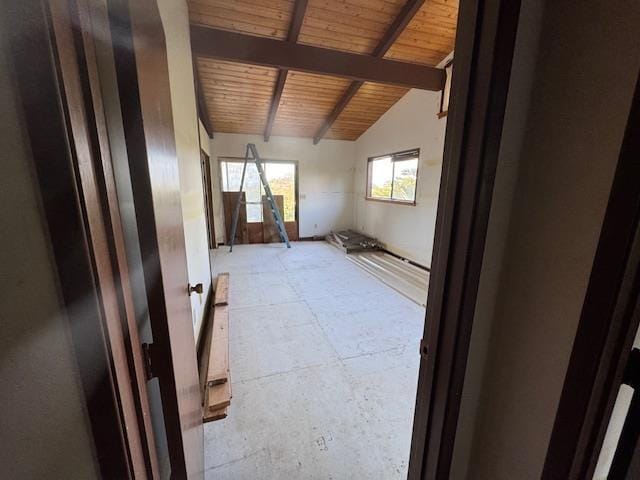 interior space featuring lofted ceiling with beams and wooden ceiling