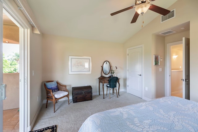 bedroom featuring ceiling fan, light carpet, access to outside, and vaulted ceiling