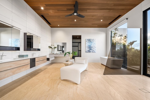 14 Halapa Pl, Kihei, HI 96753 - living room with wooden ceiling, ceiling fan, and recessed lighting
