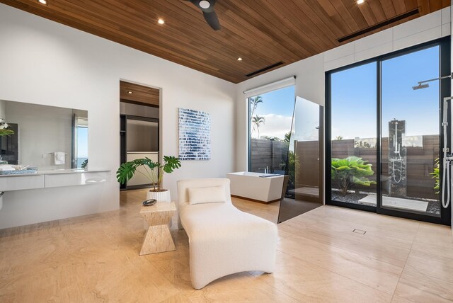 14 Halapa Pl, Kihei, HI 96753 - living area featuring wooden ceiling, ceiling fan, and recessed lighting