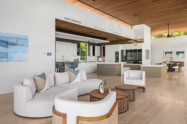 14 Halapa Pl, Kihei, HI 96753 - living room with wood ceiling, ceiling fan, and light wood-style flooring