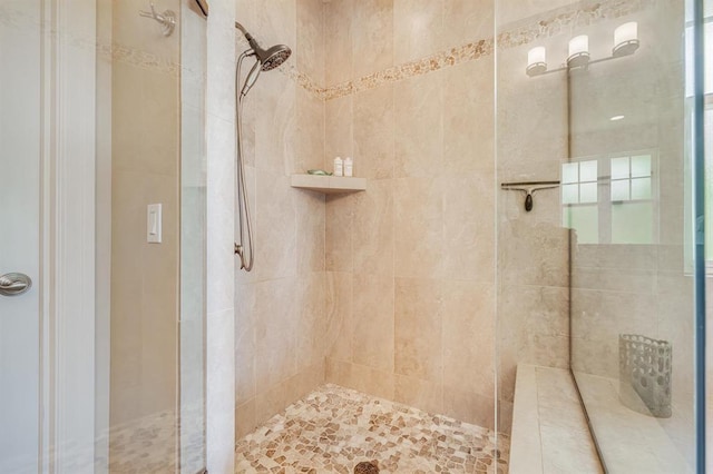 bathroom featuring a shower with shower door