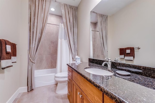 full bathroom featuring vanity, toilet, tile patterned floors, and shower / tub combo with curtain