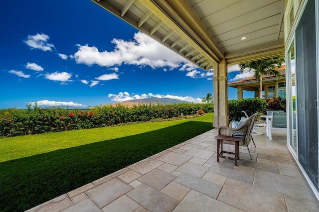 view of patio with a mountain view