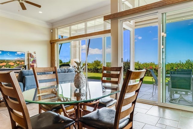 interior space with ceiling fan