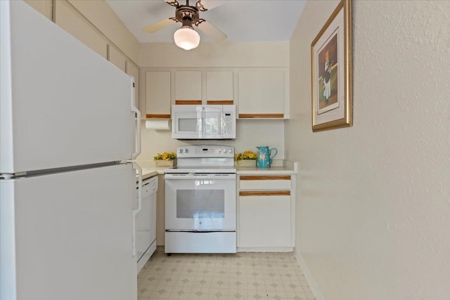 kitchen featuring white cabinets, white appliances, and ceiling fan