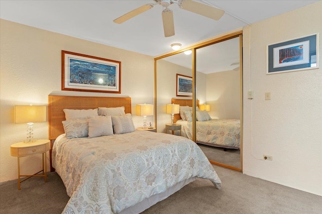 bedroom featuring carpet flooring, a closet, and ceiling fan