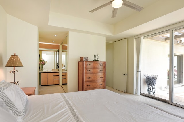 3150 Wailea Alanui Dr Unit 3807, Kihei, HI 96753 - bedroom with access to exterior, ceiling fan, light colored carpet, a sink, and ensuite bath
