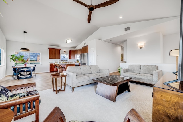 9 Fern Pl, Lahaina, HI 96761 - living area with light wood-style floors, a ceiling fan, lofted ceiling, and visible vents