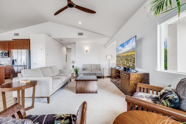 9 Fern Pl, Lahaina, HI 96761 - living room featuring ceiling fan, vaulted ceiling, light carpet, and visible vents
