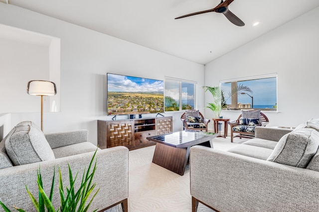 9 Fern Pl, Lahaina, HI 96761 - living room featuring high vaulted ceiling, a ceiling fan, and recessed lighting