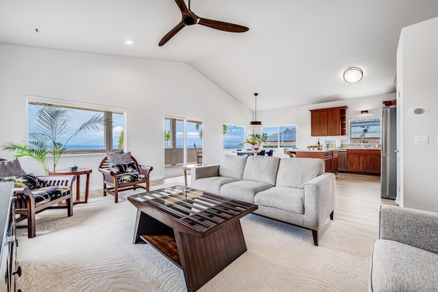 9 Fern Pl, Lahaina, HI 96761 - living area with high vaulted ceiling, ceiling fan, and baseboards