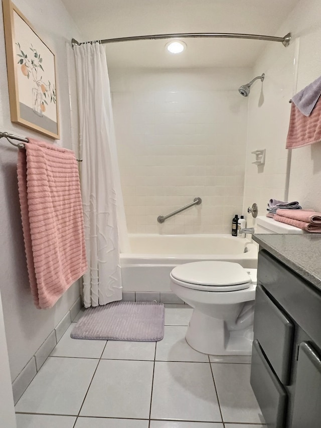 full bathroom featuring shower / bath combination with curtain, tile flooring, toilet, and vanity