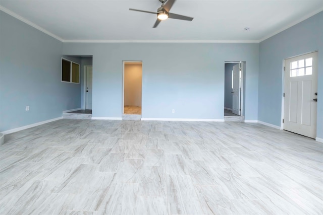 unfurnished living room with ceiling fan and ornamental molding