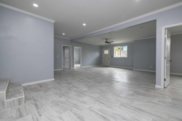 585 Linekona Pl, Wailuku, HI 96793 - unfurnished living room featuring ornamental molding, a ceiling fan, baseboards, and recessed lighting