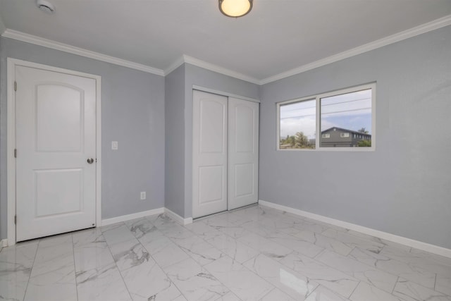 585 Linekona Pl, Wailuku, HI 96793 - unfurnished bedroom featuring baseboards, a closet, light marble finish floors, and ornamental molding