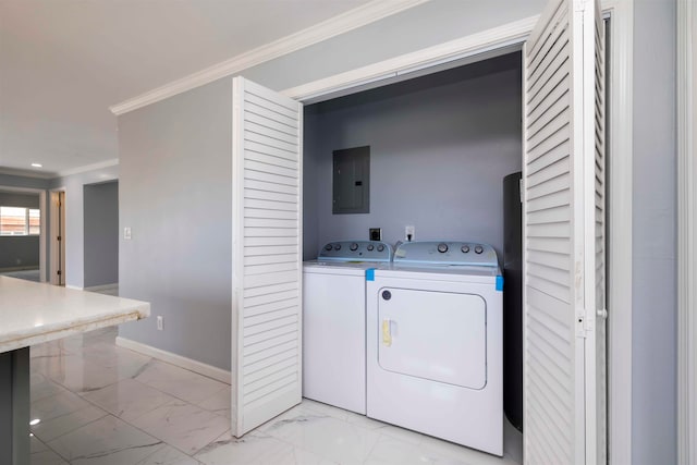 laundry room with electric panel, separate washer and dryer, and ornamental molding