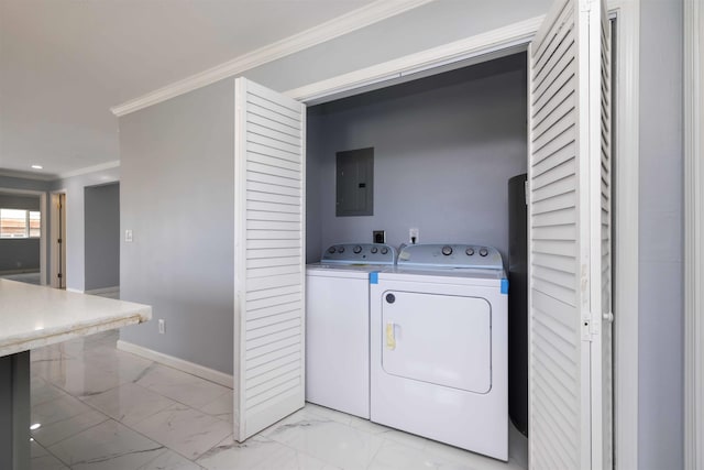 585 Linekona Pl, Wailuku, HI 96793 - washroom with crown molding, electric panel, washer and clothes dryer, light marble finish floors, and baseboards